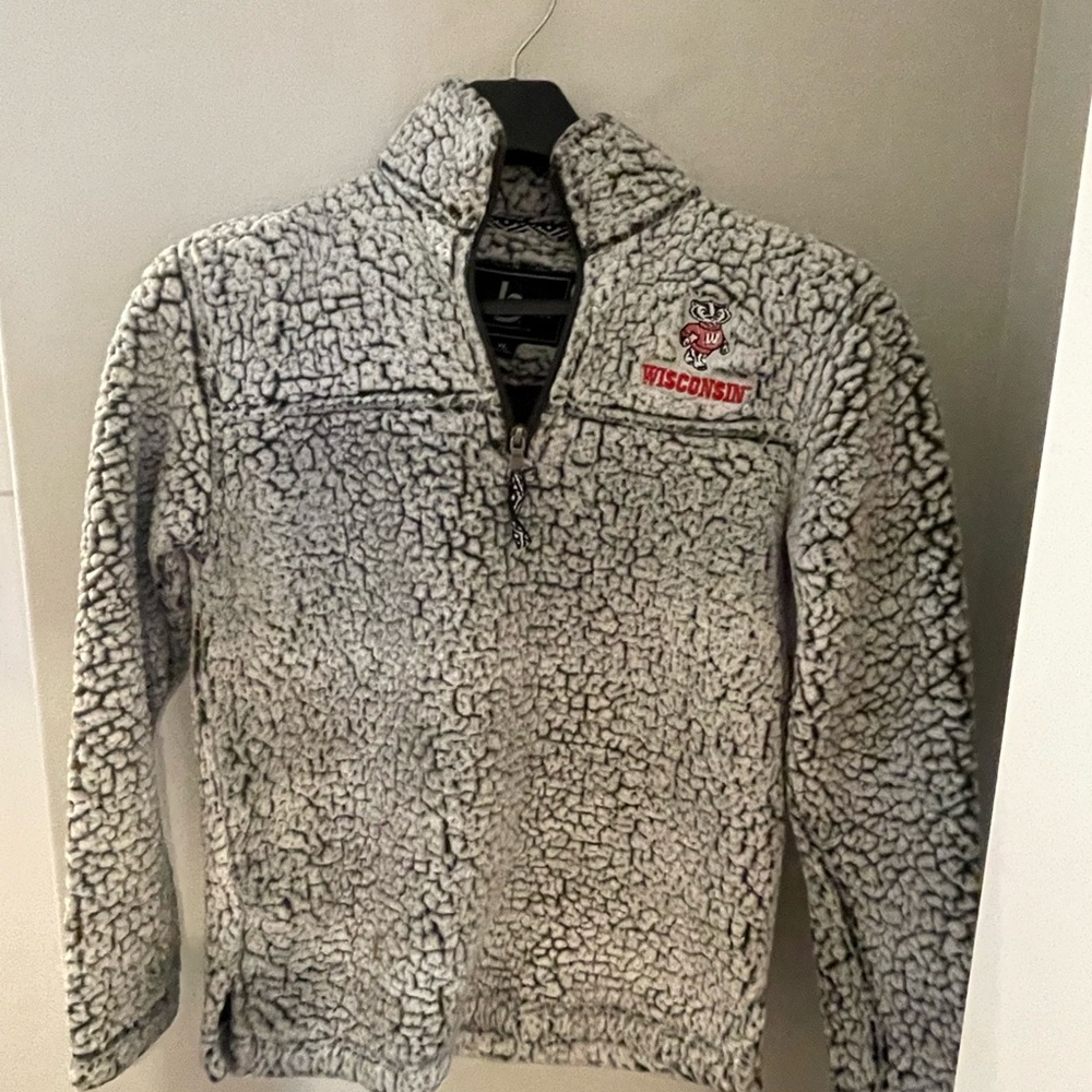 University of Wisconsin Kids Grey Sherpa Jacket, 3/4 zip